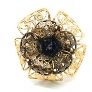 CHANEL Gold Ring CC Camellia Flower Black Crystals Size 6 US Authentic